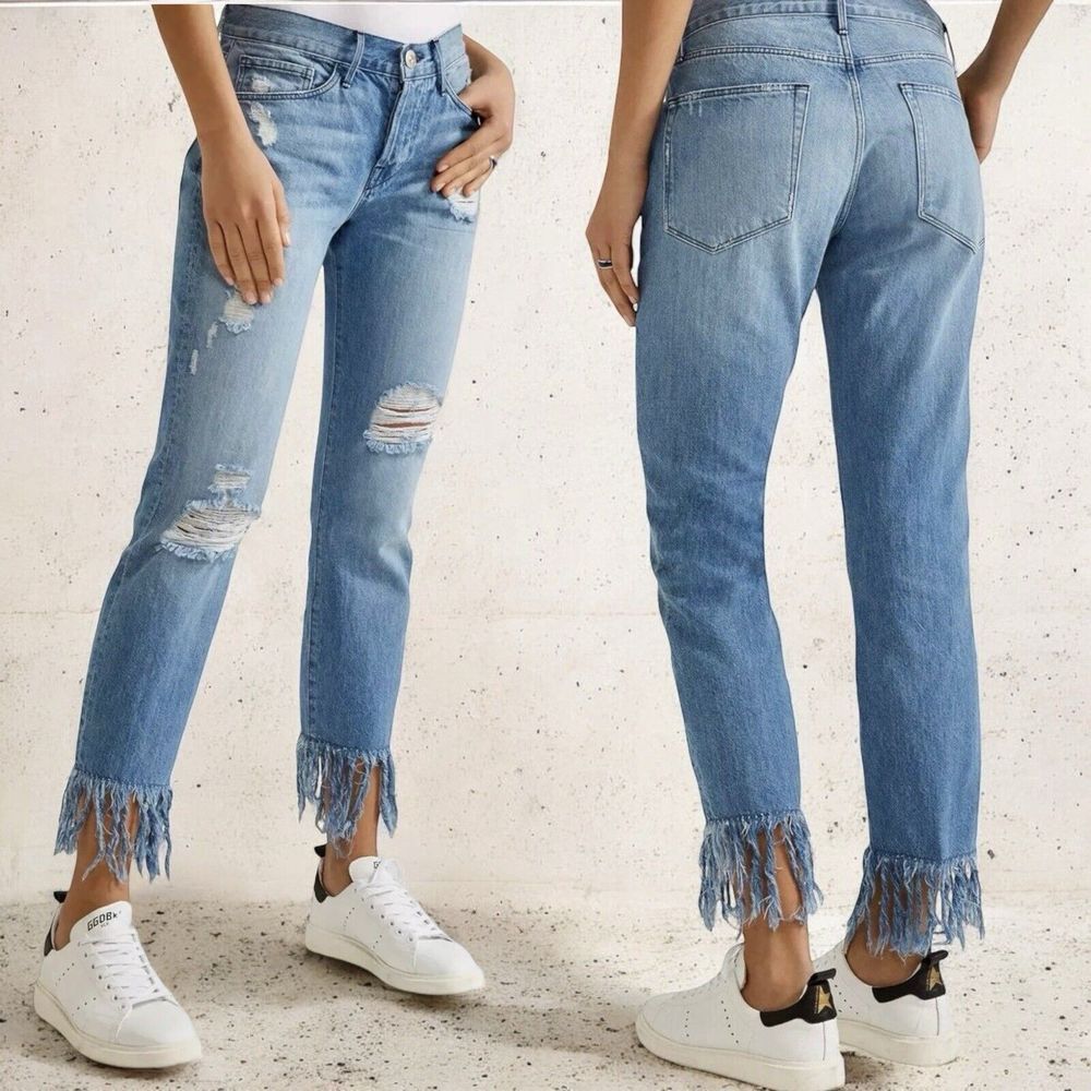 3x1 Mazzy Distressed Straight Leg Jeans Size‎ 26 Mid Rise Relaxed Fringe Cropped